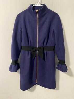 Moschino Made in Italy Navy Wool Coat Gold Zip Bow Waist Designer Jacket Small